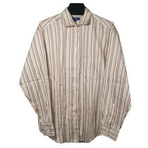 Neutral Striped L/S Button Up Shirt Cream Tan Brown Red Made USA Business Office